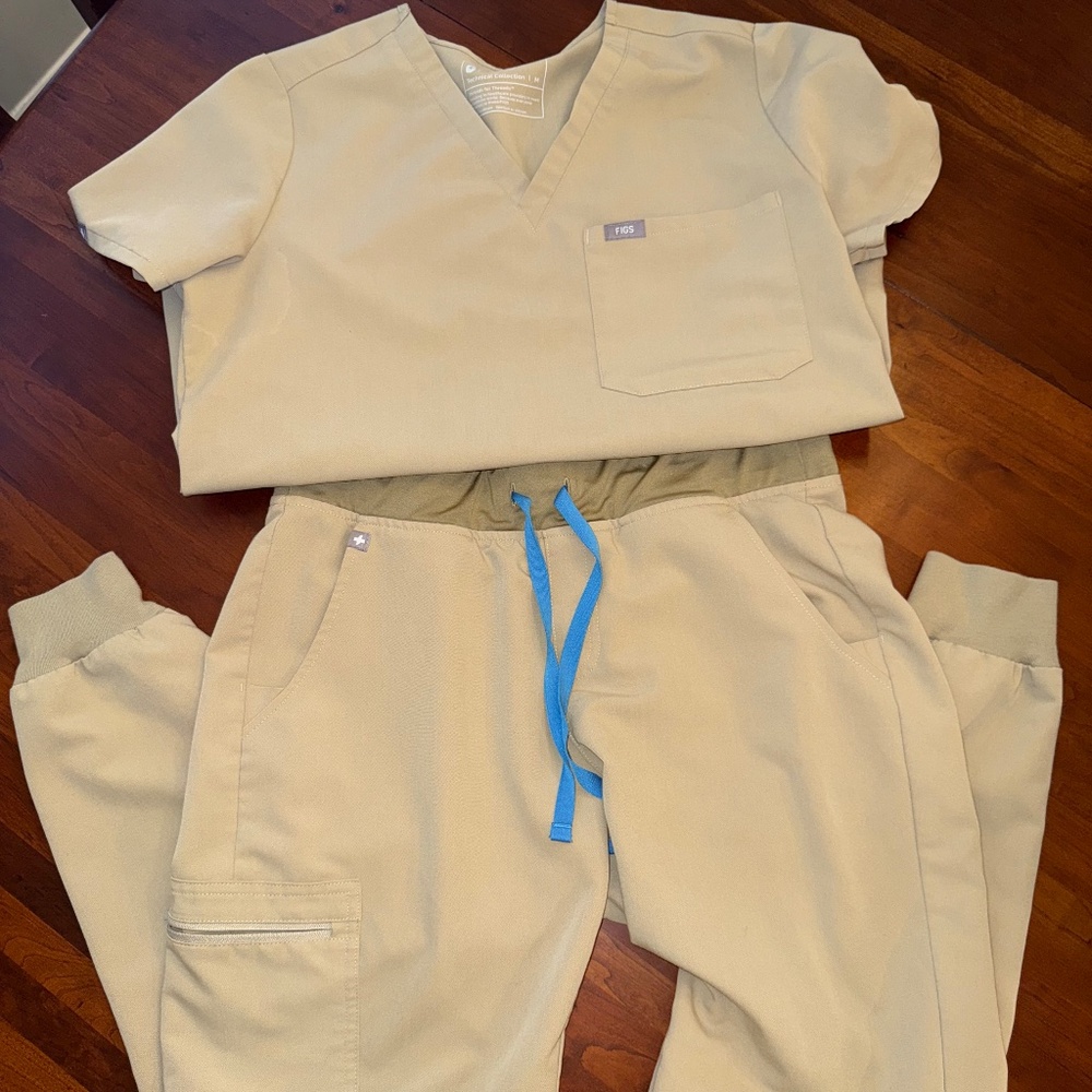 Figs Beige Scrub Set with Blue Accents